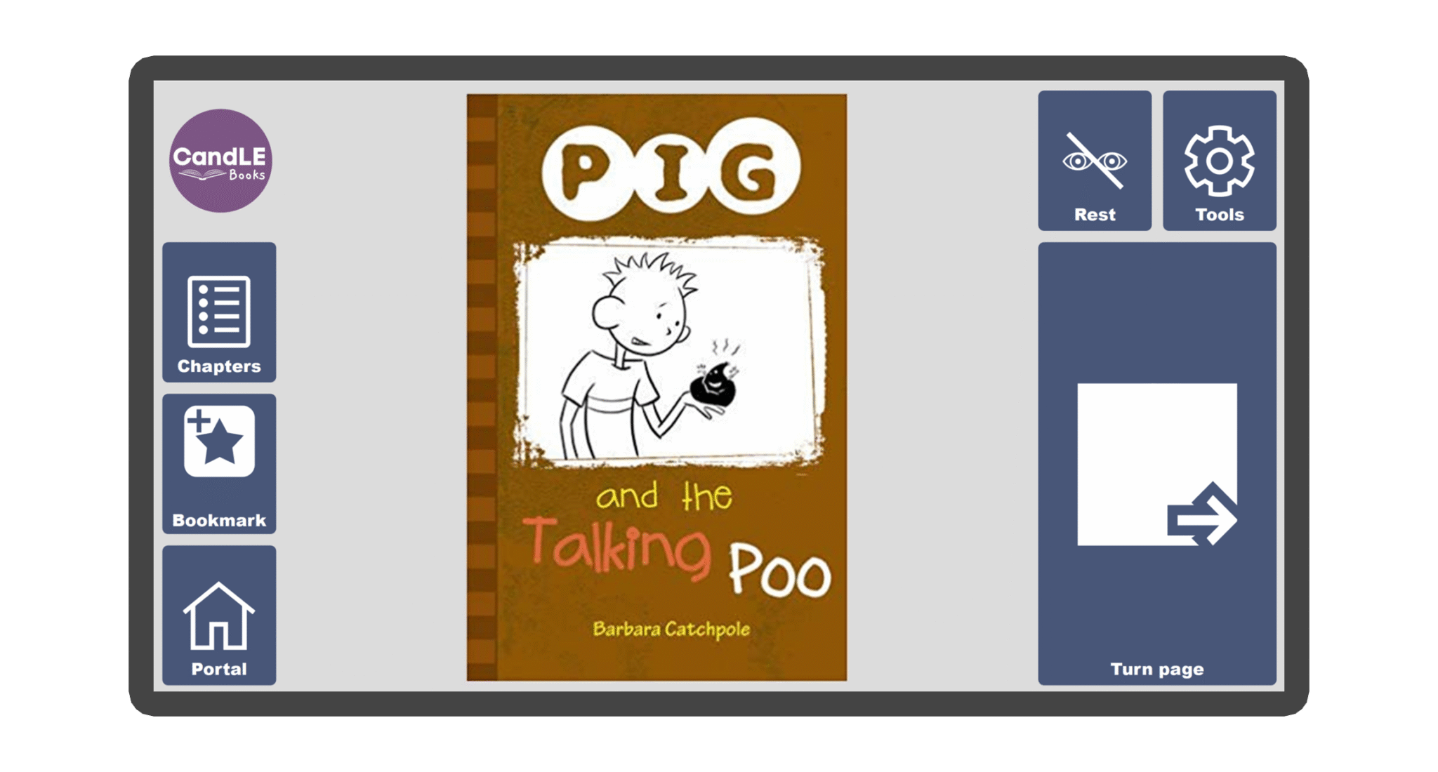 An image of a screen with the front cover of the book Pig and the Talking Poo in Candle Books software. Around the front cover there are large blue cells saying bookmark, portal, rest, and a large turn page button. The Every Cherry and Candle Books logos are in the top left corner.