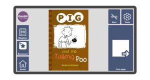 An image of a screen with the front cover of the book Pig and the Talking Poo in Candle Books software. Around the front cover there are large blue cells saying bookmark, portal, rest, and a large turn page button. The Every Cherry and Candle Books logos are in the top left corner.