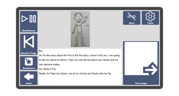 An image of a screen with an inside page spread of the book Pig and the Talking Poo in Candle Books software. Around the pages there are large blue cells saying read/pause, restart page, bookmark, rest, tools, and a large turn page button.