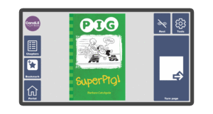An image of a screen with the front cover of the book Pig Superpig! in Candle Books software. Around the front cover there are large blue cells saying bookmark, portal, rest, and a large turn page button. The Every Cherry and Candle Books logos are in the top left corner.
