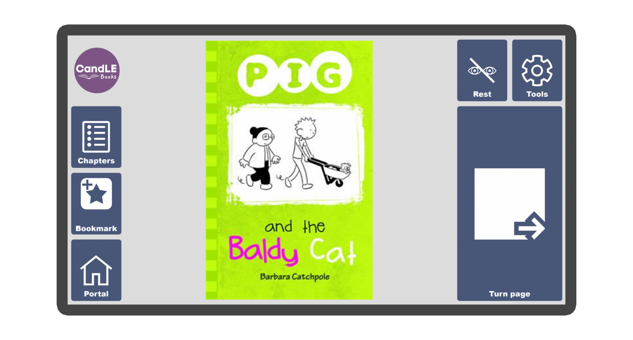 An image of a screen with the front cover of the book Pig and the Baldy Cat in Candle Books software. Around the front cover there are large blue cells saying bookmark, portal, rest, and a large turn page button. The Every Cherry and Candle Books logos are in the top left corner.