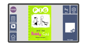 An image of a screen with the front cover of the book Pig and the Baldy Cat in Candle Books software. Around the front cover there are large blue cells saying bookmark, portal, rest, and a large turn page button. The Every Cherry and Candle Books logos are in the top left corner.
