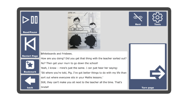 An image of a screen with an inside page spread of the book Pig and the Baldy Cat in Candle Books software. Around the pages there are large blue cells saying read/pause, restart page, bookmark, rest, tools, and a large turn page button.