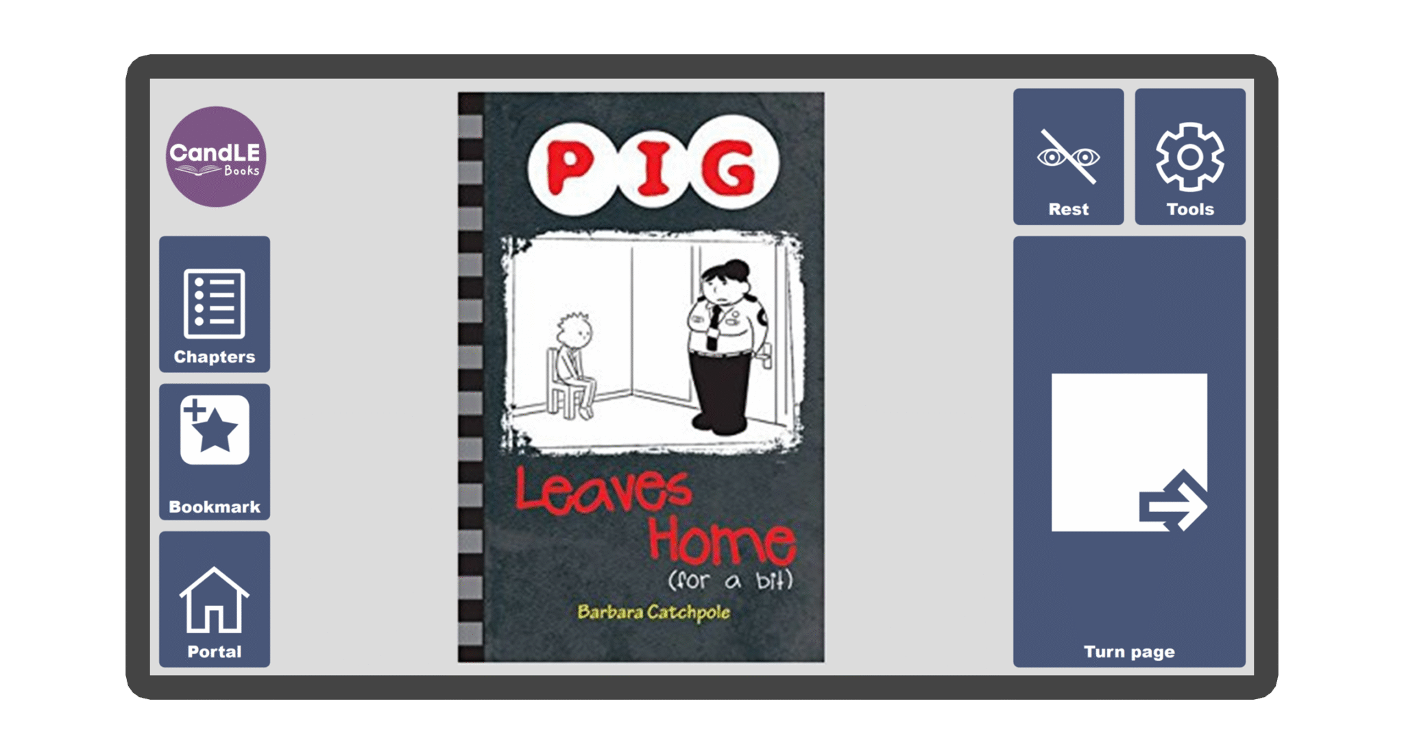 An image of a screen with the front cover of the book Pig Leaves Home in Candle Books software. Around the front cover there are large blue cells saying bookmark, portal, rest, and a large turn page button. The Every Cherry and Candle Books logos are in the top left corner.