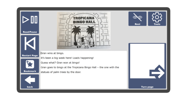 An image of a screen with an inside page spread of the book Pig Leaves Home in Candle Books software. Around the pages there are large blue cells saying read/pause, restart page, bookmark, rest, tools, and a large turn page button.