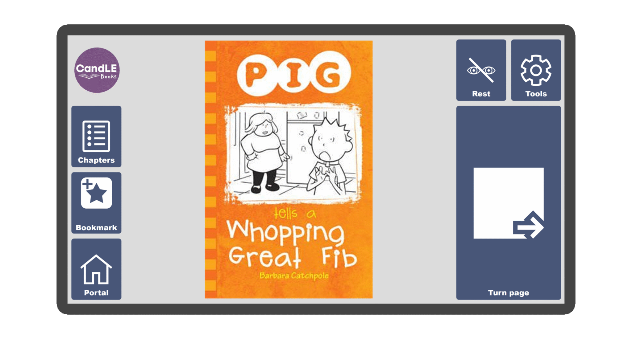 An image of a screen with the front cover of the book Pig Tells a Whopping Great Fib in Candle Books software. Around the front cover there are large blue cells saying bookmark, portal, rest, and a large turn page button. The Every Cherry and Candle Books logos are in the top left corner.
