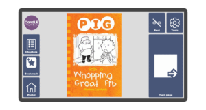 An image of a screen with the front cover of the book Pig Tells a Whopping Great Fib in Candle Books software. Around the front cover there are large blue cells saying bookmark, portal, rest, and a large turn page button. The Every Cherry and Candle Books logos are in the top left corner.
