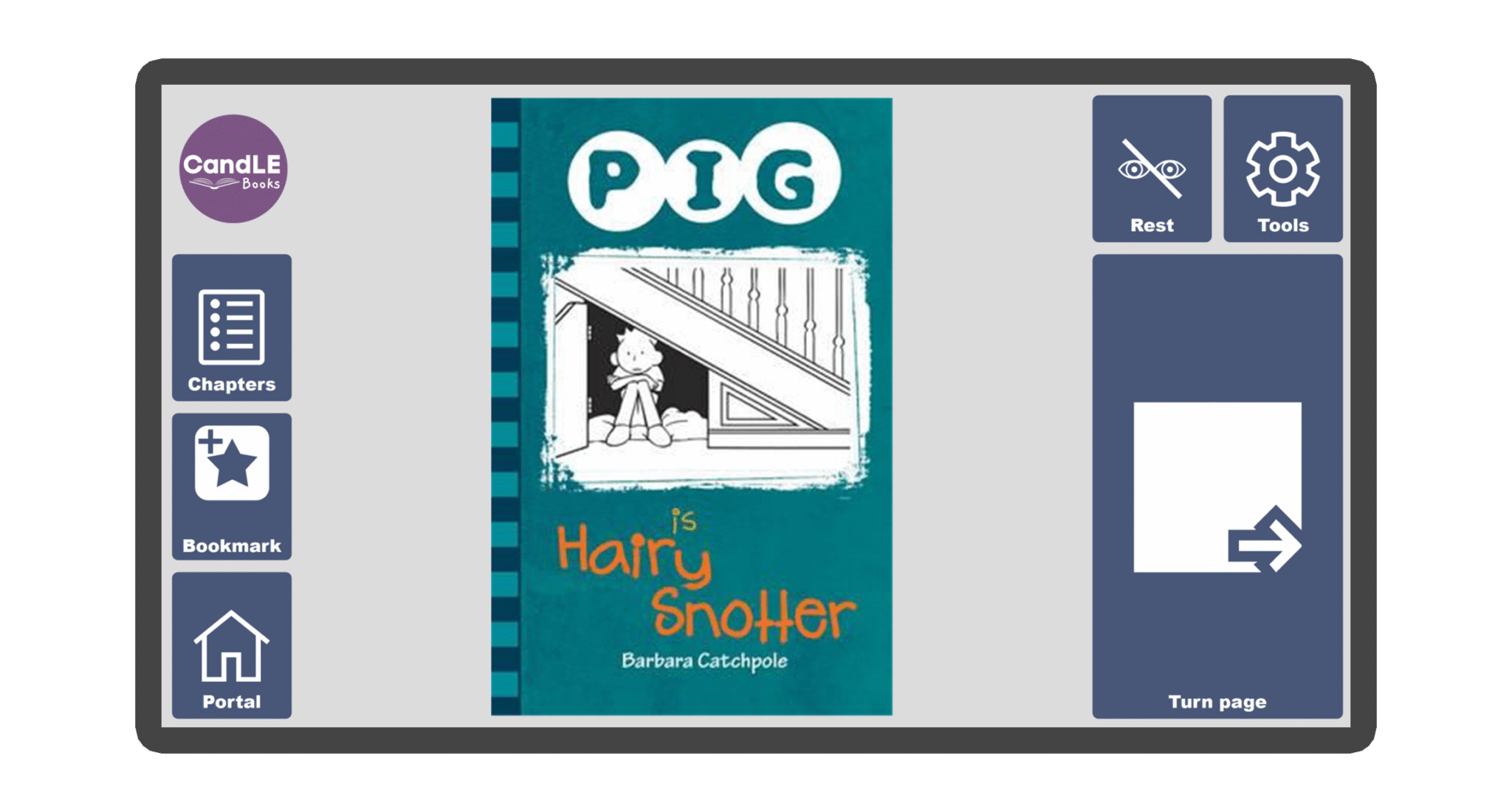 An image of a screen with the front cover of the book Pig is Hairy Snotter in Candle Books software. Around the front cover there are large blue cells saying bookmark, portal, rest, and a large turn page button. The Every Cherry and Candle Books logos are in the top left corner.
