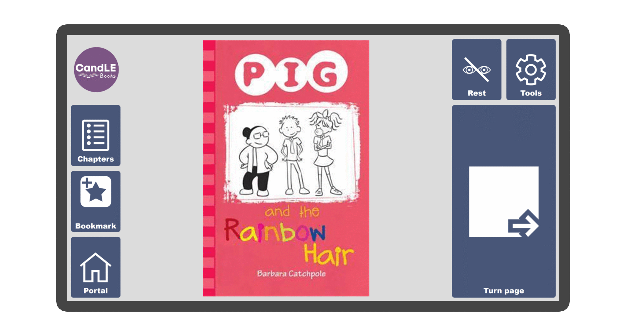 An image of a screen with the front cover of the book Pig and the Rainbow Hair in Candle Books software. Around the front cover there are large blue cells saying bookmark, portal, rest, and a large turn page button. The Every Cherry and Candle Books logos are in the top left corner.