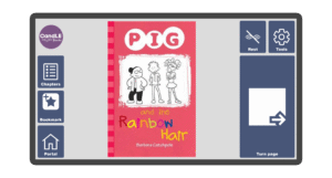 An image of a screen with the front cover of the book Pig and the Rainbow Hair in Candle Books software. Around the front cover there are large blue cells saying bookmark, portal, rest, and a large turn page button. The Every Cherry and Candle Books logos are in the top left corner.
