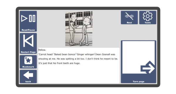 An image of a screen with an inside page spread of the book Pig and the Rainbow Hair in Candle Books software. Around the pages there are large blue cells saying read/pause, restart page, bookmark, rest, tools, and a large turn page button.