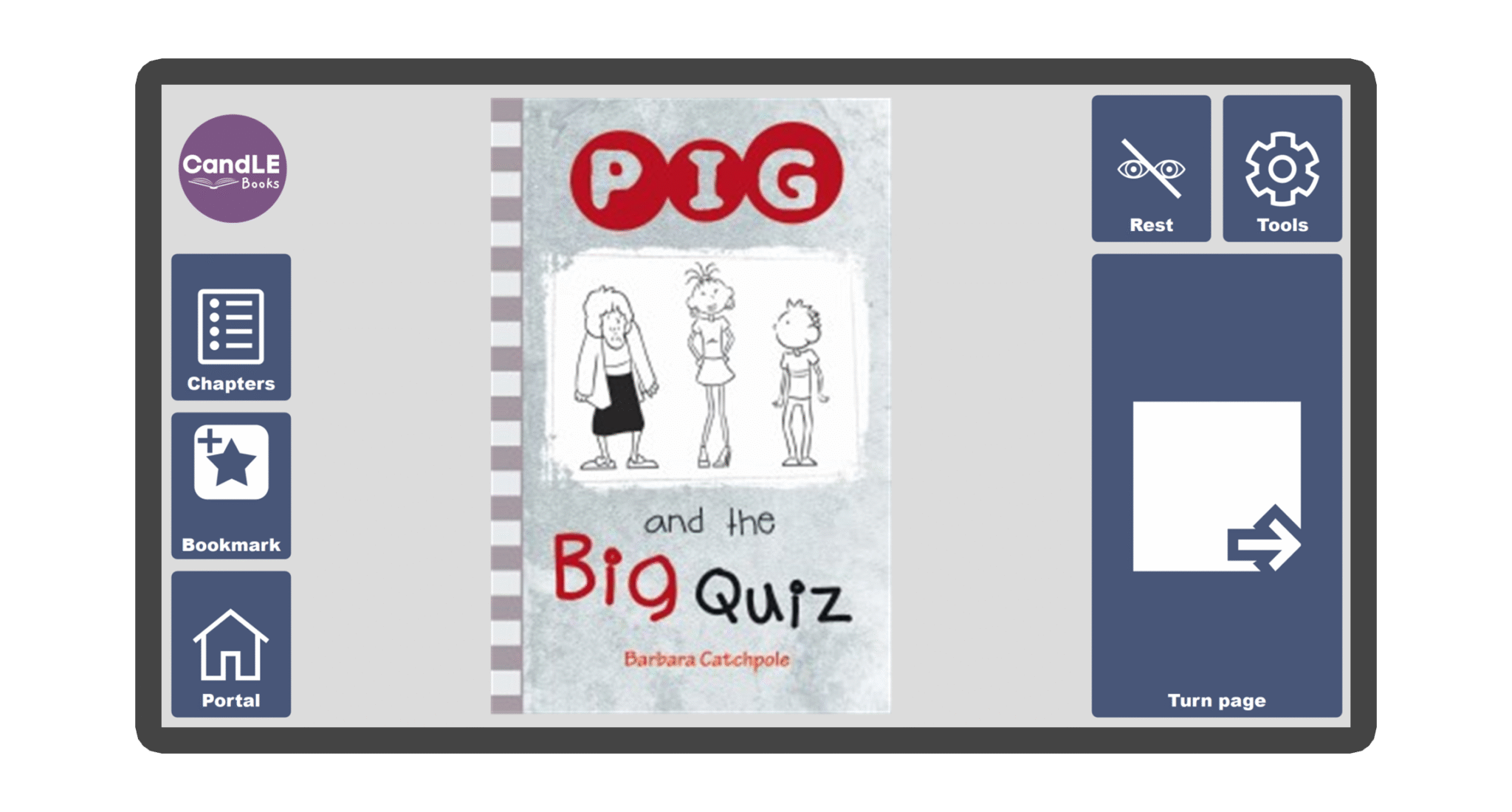 An image of a screen with the front cover of the book Pig and the Big Quiz in Candle Books software. Around the front cover there are large blue cells saying bookmark, portal, rest, and a large turn page button. The Every Cherry and Candle Books logos are in the top left corner.