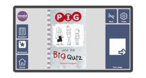 An image of a screen with the front cover of the book Pig and the Big Quiz in Candle Books software. Around the front cover there are large blue cells saying bookmark, portal, rest, and a large turn page button. The Every Cherry and Candle Books logos are in the top left corner.