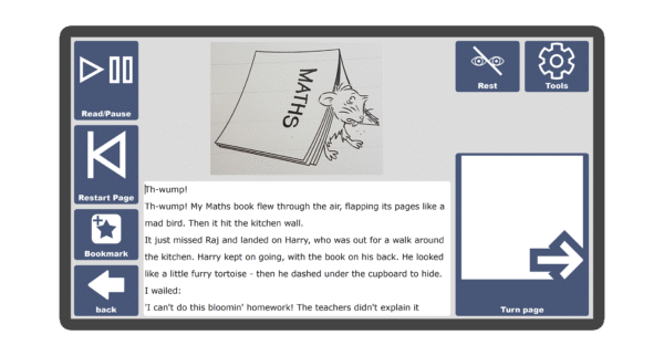 An image of a screen with an inside page spread of the book Pig and the Big Quiz in Candle Books software. Around the pages there are large blue cells saying read/pause, restart page, bookmark, rest, tools, and a large turn page button.