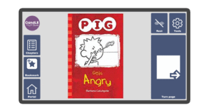 An image of a screen with the front cover of the book Pig Gets Angry in Candle Books software. Around the front cover there are large blue cells saying bookmark, portal, rest, and a large turn page button. The Every Cherry and Candle Books logos are in the top left corner.