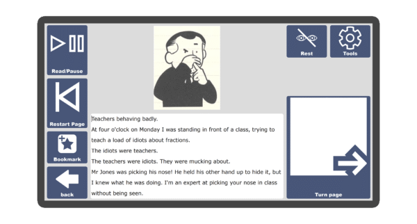 An image of a screen with an inside page spread of the book Pig Gets Angry in Candle Books software. Around the pages there are large blue cells saying read/pause, restart page, bookmark, rest, tools, and a large turn page button.