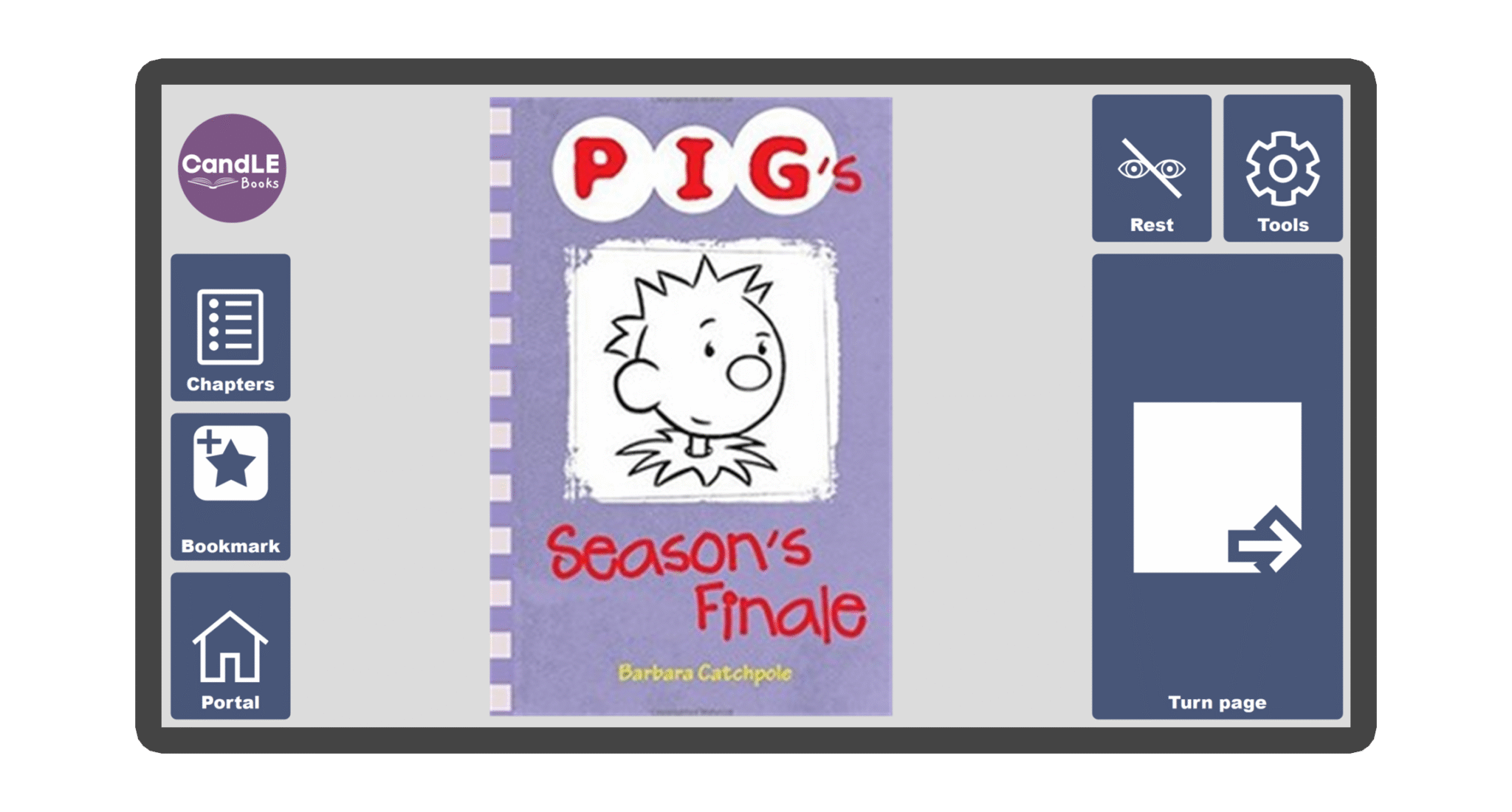 An image of a screen with the front cover of the book Pig's Season Finale in Candle Books software. Around the front cover there are large blue cells saying bookmark, portal, rest, and a large turn page button. The Every Cherry and Candle Books logos are in the top left corner.