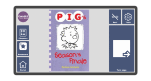 An image of a screen with the front cover of the book Pig's Season Finale in Candle Books software. Around the front cover there are large blue cells saying bookmark, portal, rest, and a large turn page button. The Every Cherry and Candle Books logos are in the top left corner.