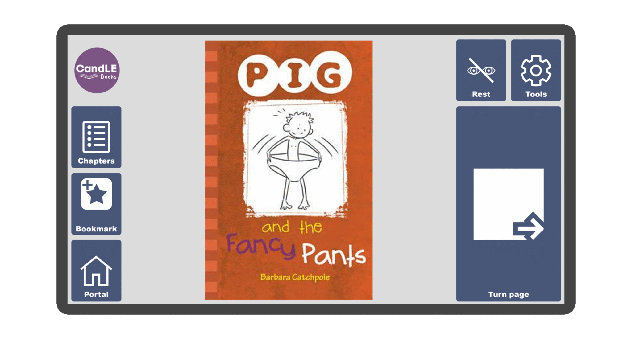 An image of a screen with the front cover of the book Pig and the Fancy Pants in Candle Books software. Around the front cover there are large blue cells saying bookmark, portal, rest, and a large turn page button. The Every Cherry and Candle Books logos are in the top left corner.