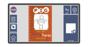An image of a screen with the front cover of the book Pig and the Fancy Pants in Candle Books software. Around the front cover there are large blue cells saying bookmark, portal, rest, and a large turn page button. The Every Cherry and Candle Books logos are in the top left corner.