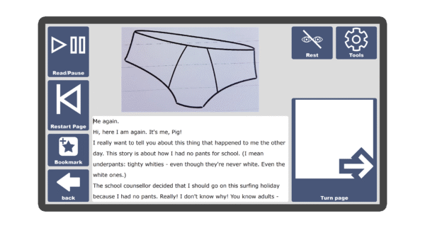 An image of a screen with an inside page spread of the book Pig and the Fancy Pants in Candle Books software. Around the pages there are large blue cells saying read/pause, restart page, bookmark, rest, tools, and a large turn page button.
