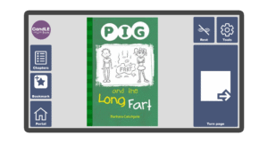 An image of a screen with the front cover of the book Pig and the Long Fart in Candle Books software. Around the front cover there are large blue cells saying bookmark, portal, rest, and a large turn page button. The Every Cherry and Candle Books logos are in the top left corner.