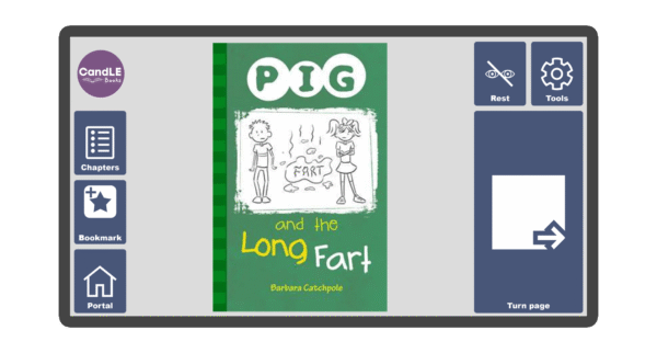 An image of a screen with the front cover of the book Pig and the Long Fart in Candle Books software. Around the front cover there are large blue cells saying bookmark, portal, rest, and a large turn page button. The Every Cherry and Candle Books logos are in the top left corner.