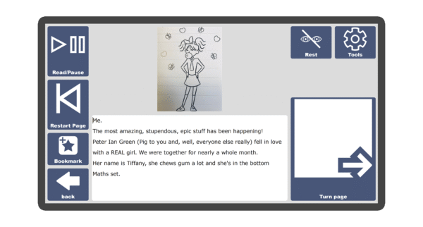 An image of a screen with an inside page spread of the book Pig and the Long Fart in Candle Books software. Around the pages there are large blue cells saying read/pause, restart page, bookmark, rest, tools, and a large turn page button.