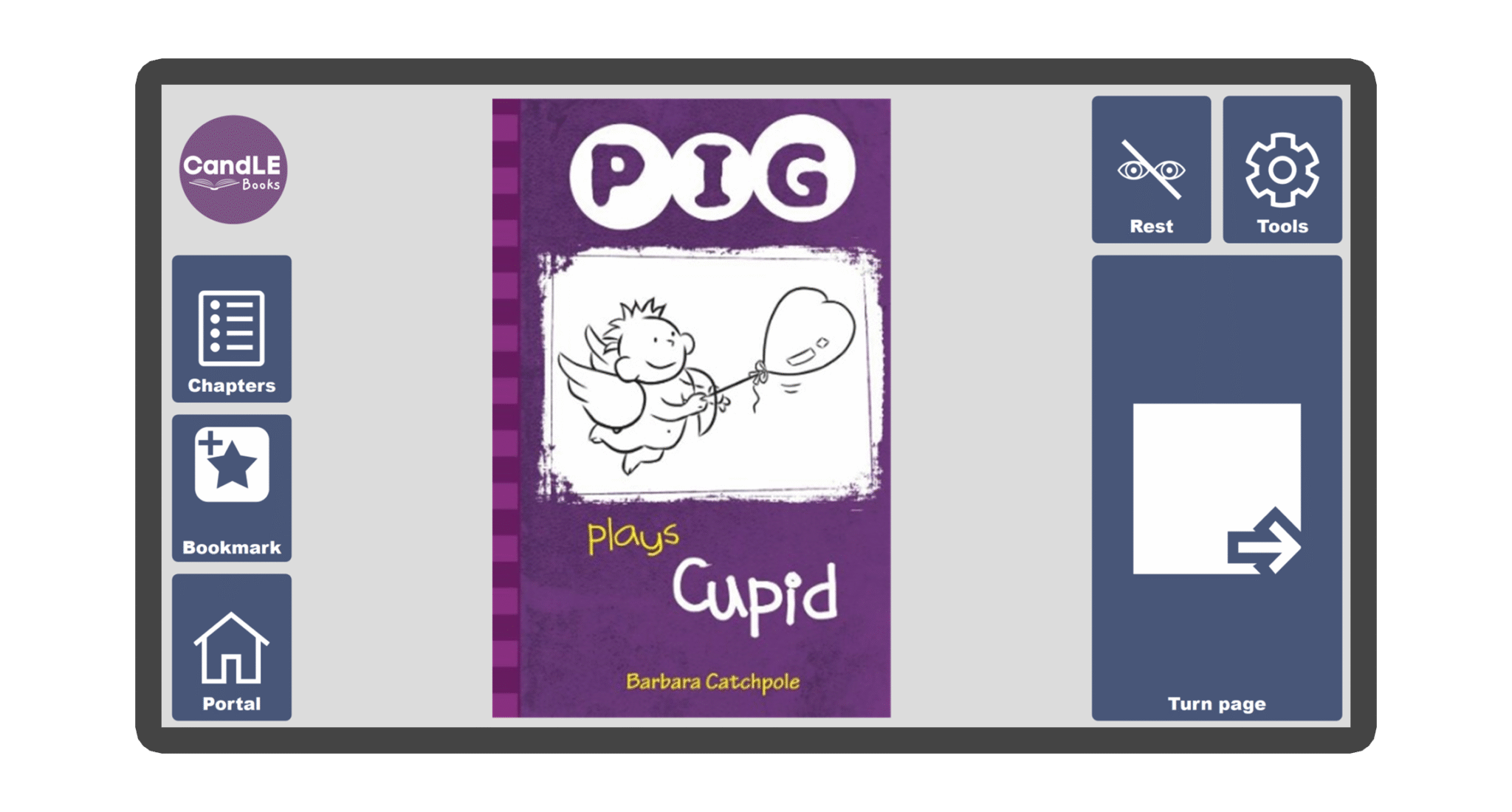 An image of a screen with the front cover of the book Pig plays Cupid in Candle Books software. Around the front cover there are large blue cells saying bookmark, portal, rest, and a large turn page button. The Every Cherry and Candle Books logos are in the top left corner.