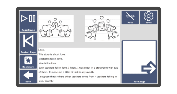 An image of a screen with an inside page spread of the book Pig plays Cupid in Candle Books software. Around the pages there are large blue cells saying read/pause, restart page, bookmark, rest, tools, and a large turn page button.