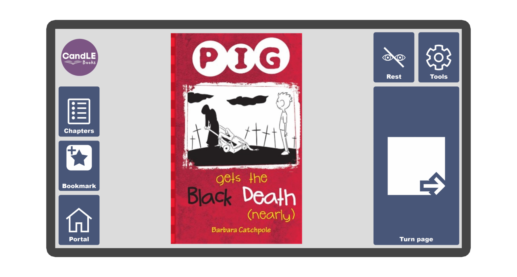 An image of a screen with the front cover of the book Pig gets the Black Death in Candle Books software. Around the front cover there are large blue cells saying bookmark, portal, rest, and a large turn page button. The Every Cherry and Candle Books logos are in the top left corner.