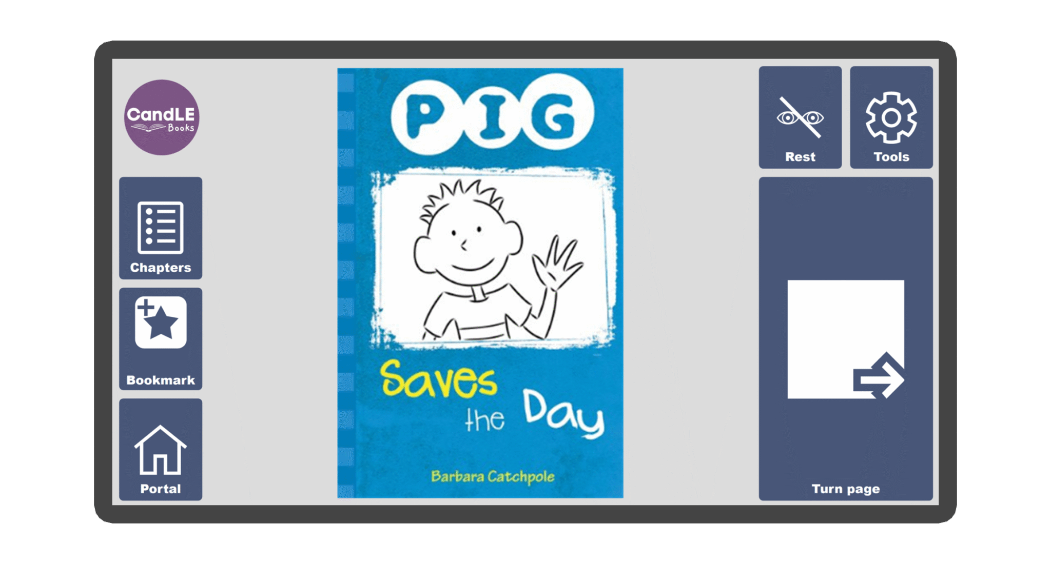 An image of a screen with the front cover of the book Pig Saves the Day in Candle Books software. Around the front cover there are large blue cells saying bookmark, portal, rest, and a large turn page button. The Every Cherry and Candle Books logos are in the top left corner.