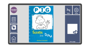 An image of a screen with the front cover of the book Pig Saves the Day in Candle Books software. Around the front cover there are large blue cells saying bookmark, portal, rest, and a large turn page button. The Every Cherry and Candle Books logos are in the top left corner.