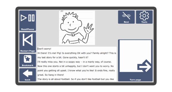 An image of a screen with an inside page spread of the book Pig Saves the Day in Candle Books software. Around the pages there are large blue cells saying read/pause, restart page, bookmark, rest, tools, and a large turn page button.