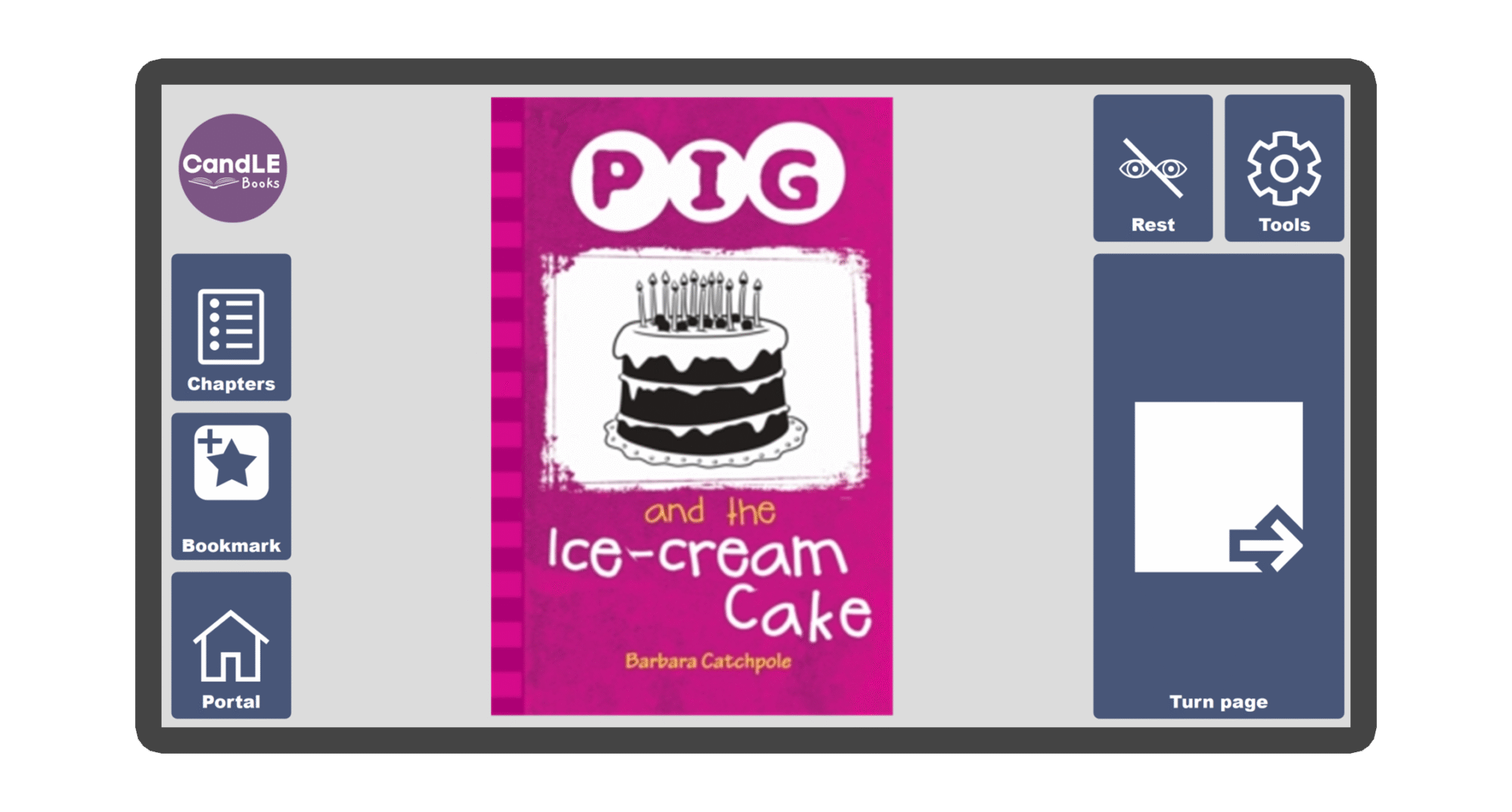 An image of a screen with the front cover of the book Pig and the Ice-Cream Cake in Candle Books software. Around the front cover there are large blue cells saying bookmark, portal, rest, and a large turn page button. The Every Cherry and Candle Books logos are in the top left corner.