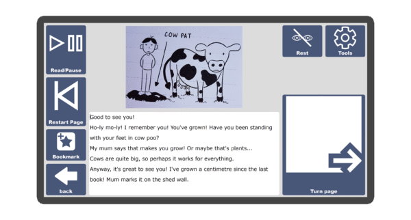 An image of a screen with an inside page spread of the book Pig and the Ice-Cream Cake in Candle Books software. Around the pages there are large blue cells saying read/pause, restart page, bookmark, rest, tools, and a large turn page button.