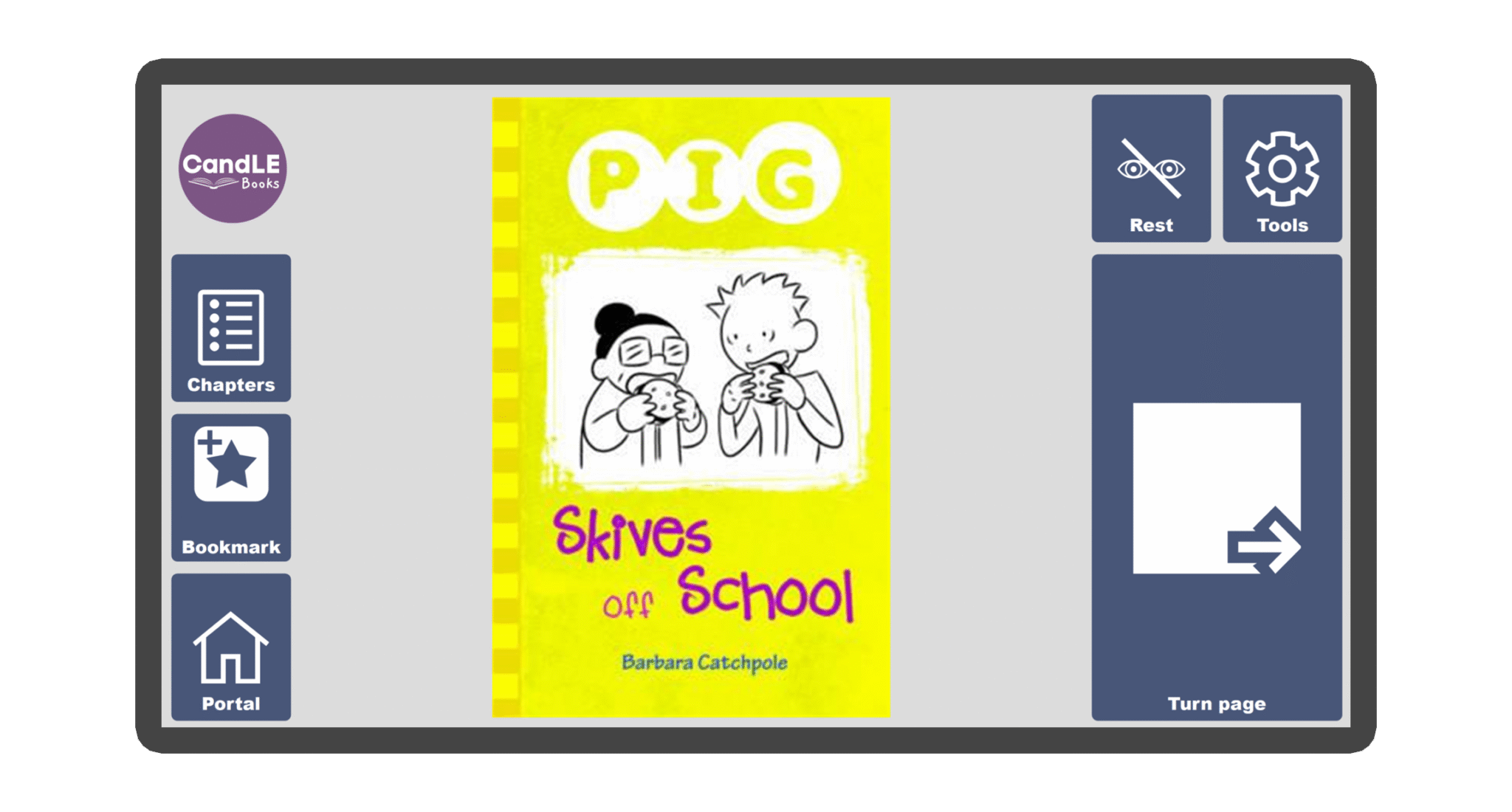 An image of a screen with the front cover of the book Pig Skives Off School in Candle Books software. Around the front cover there are large blue cells saying bookmark, portal, rest, and a large turn page button. The Every Cherry and Candle Books logos are in the top left corner.