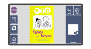 An image of a screen with the front cover of the book Pig Skives Off School in Candle Books software. Around the front cover there are large blue cells saying bookmark, portal, rest, and a large turn page button. The Every Cherry and Candle Books logos are in the top left corner.