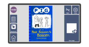 An image of a screen with the front cover of the book Pig is a Blue Baboon's Bottom in Candle Books software. Around the front cover there are large blue cells saying bookmark, portal, rest, and a large turn page button. The Every Cherry and Candle Books logos are in the top left corner.
