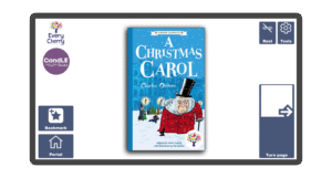 An image of a screen with the front cover of the book A Christmas Carol Easier Edition in Candle Books software. Around the front cover there are large blue cells saying bookmark, portal, rest, and a large turn page button. The Every Cherry and Candle Books logos are in the top left corner.