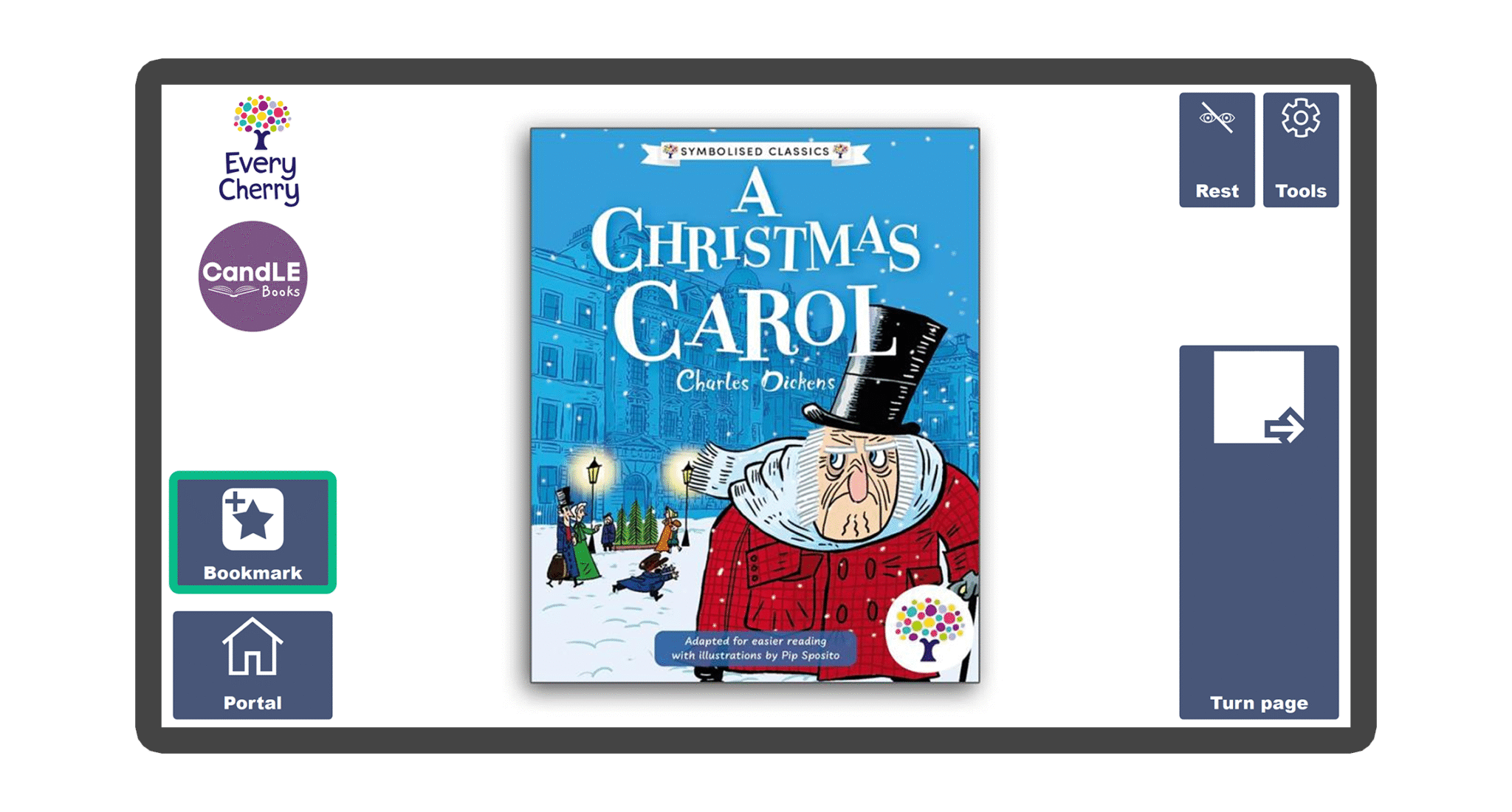 An image of a screen with the front cover of the book A Christmas Carol Symbolised Edition in Candle Books software. Around the front cover there are large blue cells saying bookmark, portal, rest, and a large turn page button. The Every Cherry and Candle Books logos are in the top left corner.