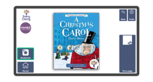An image of a screen with the front cover of the book A Christmas Carol Symbolised Edition in Candle Books software. Around the front cover there are large blue cells saying bookmark, portal, rest, and a large turn page button. The Every Cherry and Candle Books logos are in the top left corner.