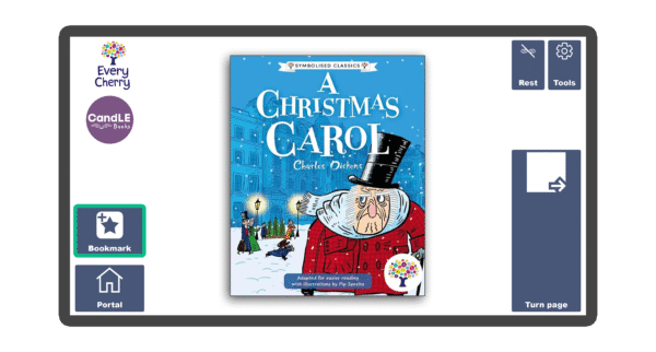 An image of a screen with the front cover of the book A Christmas Carol Symbolised Edition in Candle Books software. Around the front cover there are large blue cells saying bookmark, portal, rest, and a large turn page button. The Every Cherry and Candle Books logos are in the top left corner.