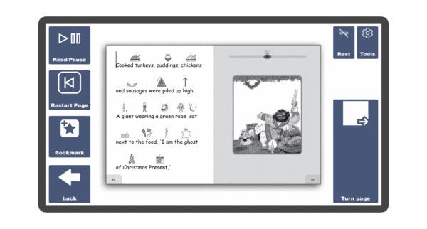 An image of a screen with an inside page spread of the book A Christmas Carol Symbolised Edition in Candle Books software. Around the pages there are large blue cells saying read/pause, restart page, bookmark, rest, tools, and a large turn page button.