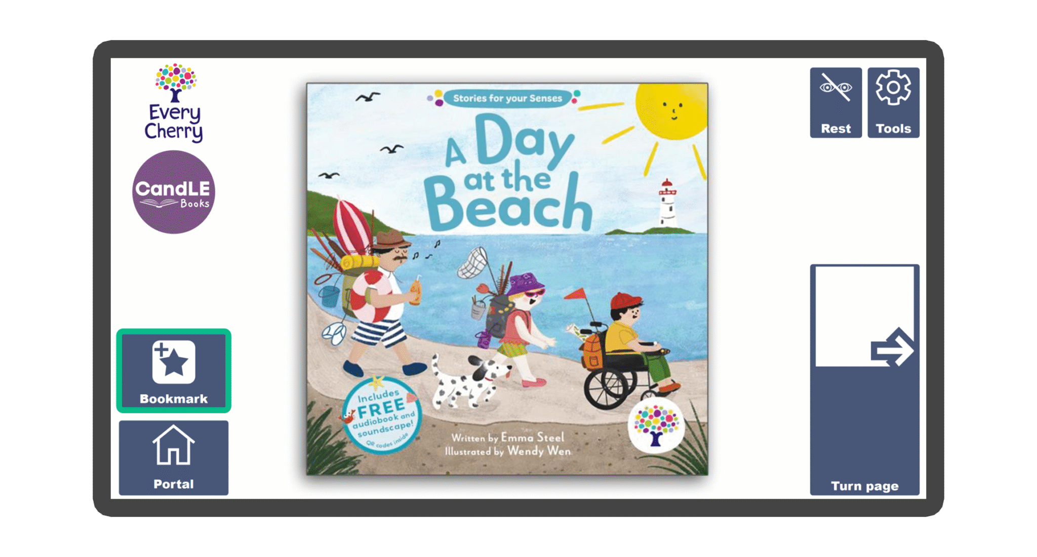 An image of a screen with the front cover of the book A Day At The Beach in Candle Books software. Around the front cover there are large blue cells saying bookmark, portal, rest, and a large turn page button. The Every Cherry and Candle Books logos are in the top left corner.