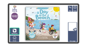 An image of a screen with the front cover of the book A Day At The Beach in Candle Books software. Around the front cover there are large blue cells saying bookmark, portal, rest, and a large turn page button. The Every Cherry and Candle Books logos are in the top left corner.