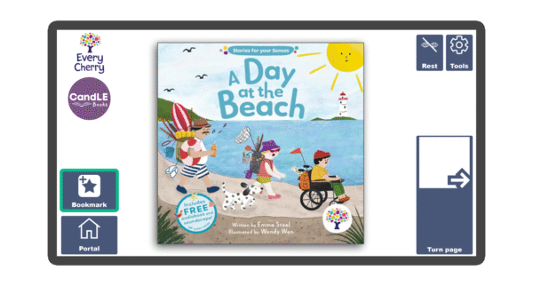 An image of a screen with the front cover of the book A Day At The Beach in Candle Books software. Around the front cover there are large blue cells saying bookmark, portal, rest, and a large turn page button. The Every Cherry and Candle Books logos are in the top left corner.