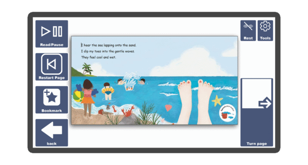 An image of a screen with an inside page spread of the book A Day At The Beach in Candle Books software. Around the pages there are large blue cells saying read/pause, restart page, bookmark, rest, tools, and a large turn page button.