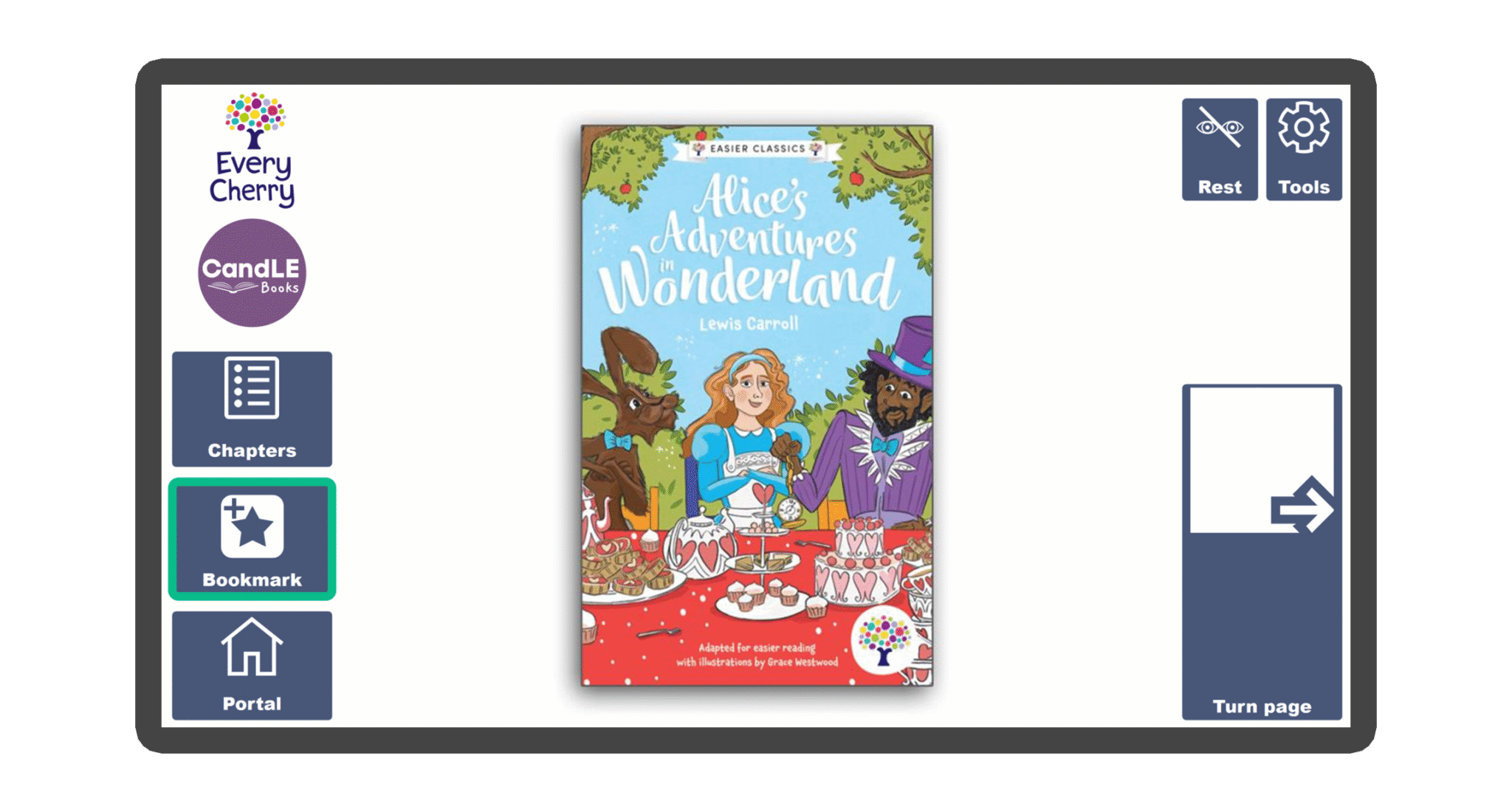 An image of a screen with the front cover of the book Alice's Adventures in Wonderland in Candle Books software. Around the front cover there are large blue cells saying bookmark, portal, rest, and a large turn page button. The Every Cherry and Candle Books logos are in the top left corner.