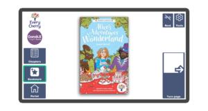 An image of a screen with the front cover of the book Alice's Adventures in Wonderland in Candle Books software. Around the front cover there are large blue cells saying bookmark, portal, rest, and a large turn page button. The Every Cherry and Candle Books logos are in the top left corner.